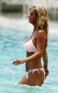 Rachel Hunter in pink bikini