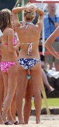 Laura Vandervoort in blue bikini