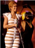 Rihanna in Stripes suit in Concert
