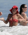 Pink in red bikini