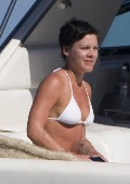 Pink in white bikini
